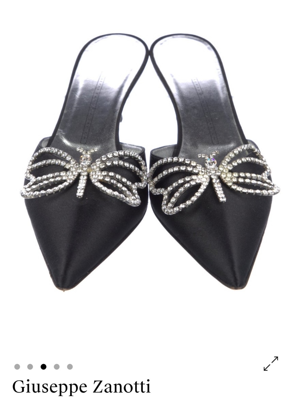 Giuseppe Zanotti Black Satin Pointed Heel with Crystal Butterfly Accent - Picture 2 of 5